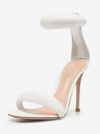 ホワイト ゴールドハイヒールレディースオープントゥメタリックアンクルストラッププロムサンダル