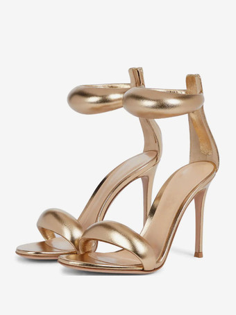 Золотые женские сандалии для выпускного с открытым носком и металлическим ремешком на щиколотке на высоком каблуке