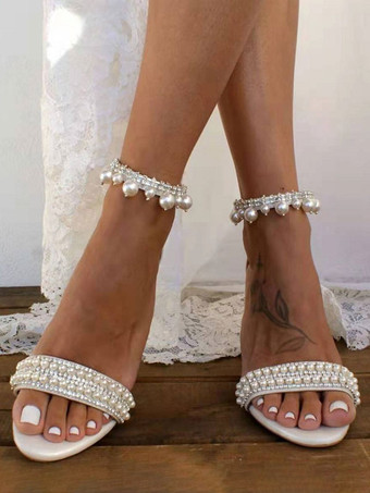 ブライダル サンダル PU レザー シックなオープントゥ パール ウェディング サンダル ホワイト