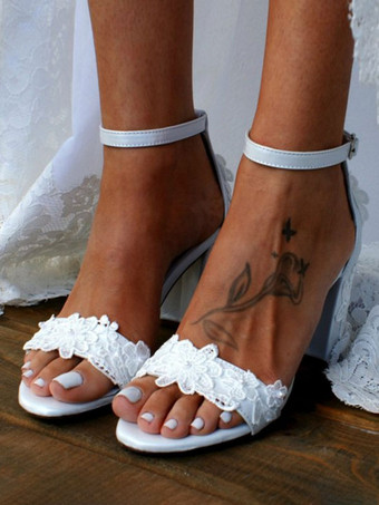 Sandálias de noiva de couro PU branco chique com bico aberto bordado sandálias de casamento