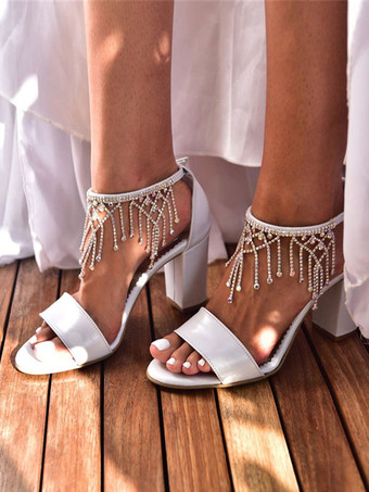 ブライダル サンダル ホワイト PU レザー シックなオープントゥ ラインストーン ウェディング サンダル