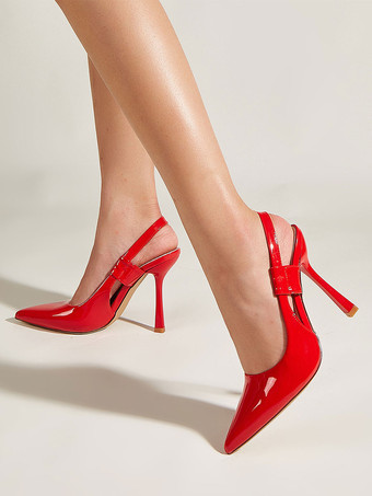 レッド 女性用 ハイヒール シックなパンプス ポインテッドトゥ スティレットヒール PUレザー