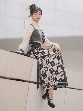 古典的なロリータ ドレス ポリエステル弓長袖ロリータ ドレス チェッカー ボード パターン ブラック