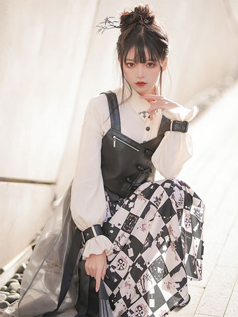 古典的なロリータ ドレス ポリエステル弓長袖ロリータ ドレス チェッカー ボード パターン ブラック