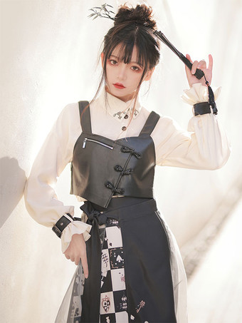 古典的なロリータ ドレス ポリエステル弓長袖ロリータ ドレス チェッカー ボード パターン ブラック