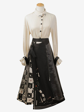 古典的なロリータ ドレス ポリエステル弓長袖ロリータ ドレス チェッカー ボード パターン ブラック