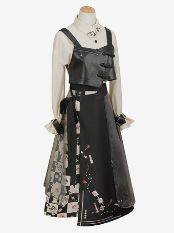 古典的なロリータ ドレス ポリエステル弓長袖ロリータ ドレス チェッカー ボード パターン ブラック