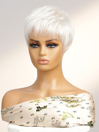 Pelucas sintéticas White Pixies Boycuts Peluca corta despeinada de pelo mixto para mujer
