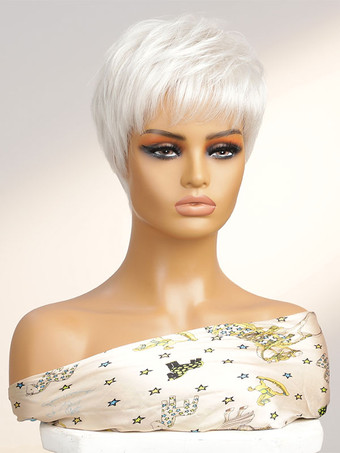 Pelucas sintéticas White Pixies Boycuts Peluca corta despeinada de pelo mixto para mujer
