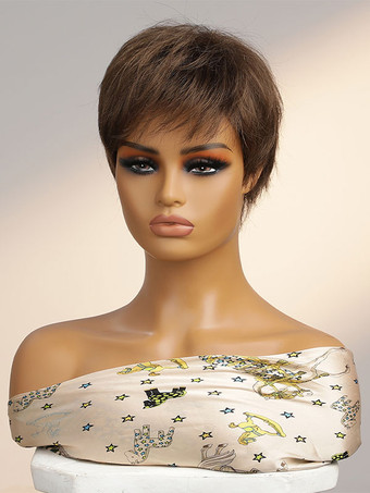 人工毛ウィッグ コーヒーブラウン ストレート ミックスヘア 乱れたショートウィッグ 女性用