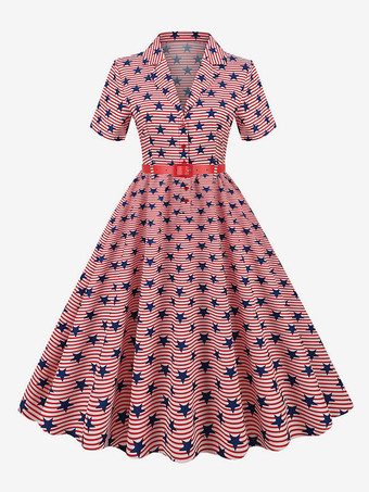 ヴィンテージドレス 1950年代オードリー・ヘップバーン風 Vネック　半袖 フラグ ミディアムロカビリーワンピース