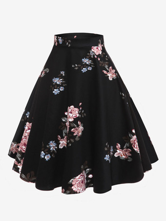 女性用スカート ブラック プリント ショート レイズド ウエスト レイヤード ヴィンテージ レディース ボトムス