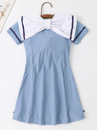 アカデミックロリータ衣装ディープブルーリボン半袖ドレスパンツ