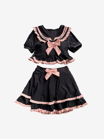 ネイビー スタイル ロリータ衣装黒弓フリル半袖パンツ トップ