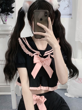 ネイビー スタイル ロリータ衣装黒弓フリル半袖パンツ トップ