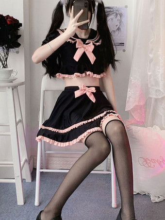 ネイビー スタイル ロリータ衣装黒弓フリル半袖パンツ トップ