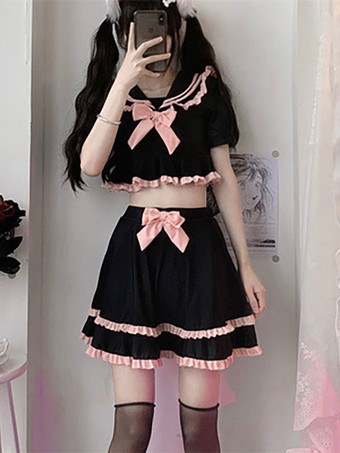 ネイビー スタイル ロリータ衣装黒弓フリル半袖パンツ トップ