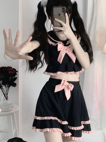 ネイビー スタイル ロリータ衣装黒弓フリル半袖パンツ トップ