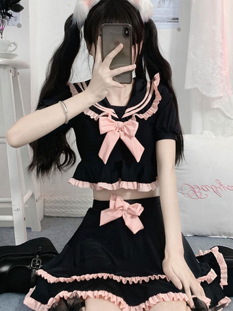 ネイビー スタイル ロリータ衣装黒弓フリル半袖パンツ トップ