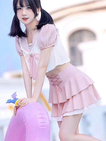 ピンクネイビースタイルのロリータ衣装 ライトスカイブルー リボン レースアップ フリル 半袖 パンツトップ
