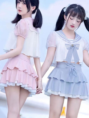 ネイビースタイルのロリータ衣装 ライトスカイブルー リボン レースアップ フリル 半袖 パンツトップ