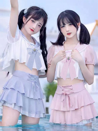 ネイビースタイルのロリータ衣装 ライトスカイブルー リボン レースアップ フリル 半袖 パンツトップ