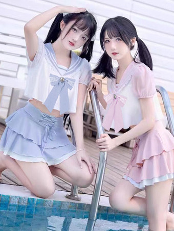 ネイビースタイルのロリータ衣装 ライトスカイブルー リボン レースアップ フリル 半袖 パンツトップ