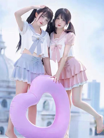 ネイビースタイルのロリータ衣装 ライトスカイブルー リボン レースアップ フリル 半袖 パンツトップ