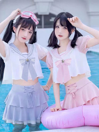 ライトスカイブルーネイビースタイルのロリータ衣装 ライトスカイブルー リボン レースアップ フリル 半袖 パンツトップ