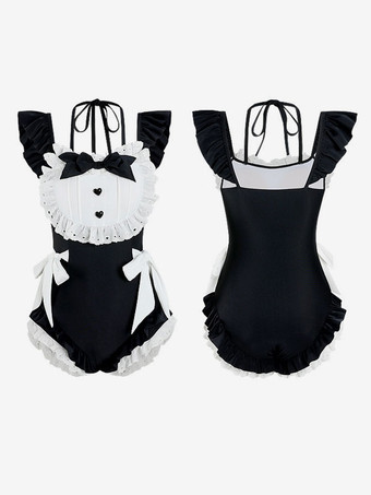 Abiti Sweet Lolita Tuta senza maniche con fiocchi neri con volant