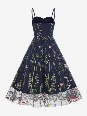 Robe Rétro Des Années 1950 À Bretelles Cou Brodé Sans Manches Robe Rockabilly Imprimée