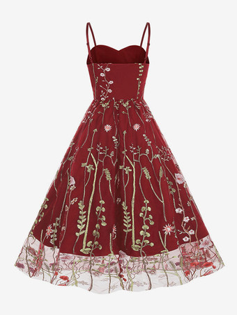 Robe Rétro Des Années 1950 À Bretelles Cou Brodé Sans Manches Robe Rockabilly Imprimée