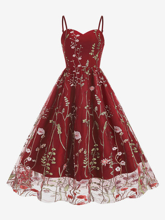 rouge Robe Rétro Des Années 1950 À Bretelles Cou Brodé Sans Manches Robe Rockabilly Imprimée