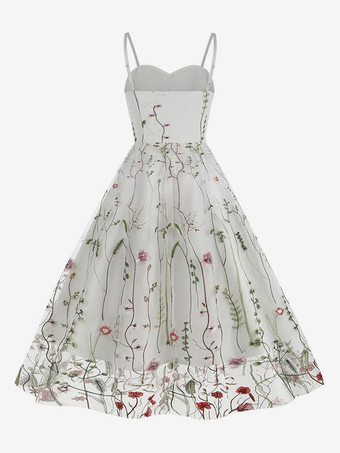 Robe Rétro Des Années 1950 À Bretelles Cou Brodé Sans Manches Robe Rockabilly Imprimée