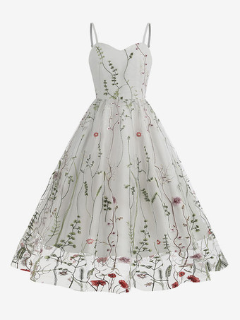 blanc Robe Rétro Des Années 1950 À Bretelles Cou Brodé Sans Manches Robe Rockabilly Imprimée