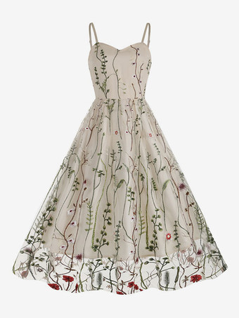 abricot Robe Rétro Des Années 1950 À Bretelles Cou Brodé Sans Manches Robe Rockabilly Imprimée