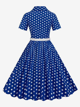 レトロワンピース 1950年代オードリー・ヘップバーン風 ターンダウンカラー 半袖 水玉 二次会 お呼ばれ 発表会 スイングドレス