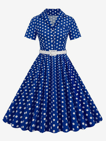 ロイヤルブルーレトロワンピース 1950年代オードリー・ヘップバーン風 ターンダウンカラー 半袖 水玉 二次会 お呼ばれ 発表会 スイングドレス