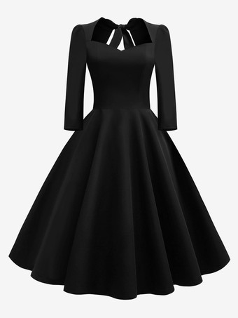 Nero Abito glamour vintage anni '50 Audrey Hepburn stile scollo a cuore abito rockabilly con maniche a 3/4 sulla schiena
