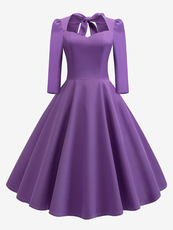 Viola Abito glamour vintage anni '50 Audrey Hepburn stile scollo a cuore abito rockabilly con maniche a 3/4 sulla schiena