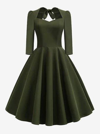 Verde militareAbito glamour vintage anni '50 Audrey Hepburn stile scollo a cuore abito rockabilly con maniche a 3/4 sulla schiena