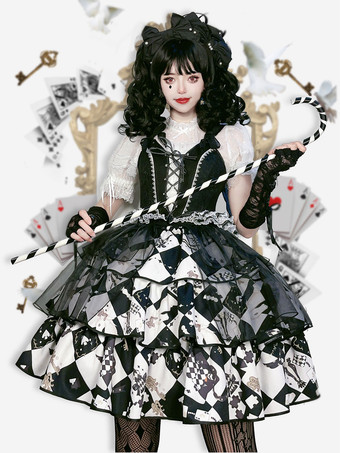甘いロリータ衣装ブラック ノースリーブ トップ オーバー スカート