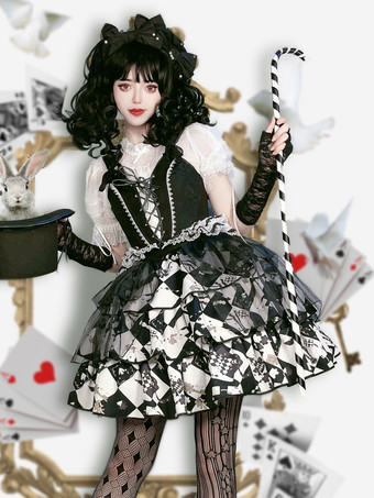 甘いロリータ衣装ブラック ノースリーブ トップ オーバー スカート