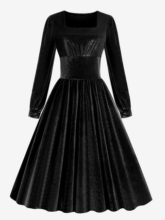 ブラック ヴィンテージドレス 1950年代オードリー・ヘップバーン風 長袖 スクエアネック ロカビリーワンピース 黒