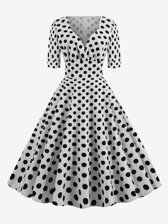 ホワイト ヴィンテージドレス　1950年代オードリー・ヘップバーン風　レッド　水玉　半袖　Vネック　二次会　お呼ばれ　発表会　スウィングワンピース