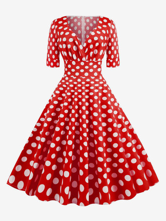 ヴィンテージドレス　1950年代オードリー・ヘップバーン風　レッド　水玉　半袖　Vネック　二次会　お呼ばれ　発表会　スウィングワンピース