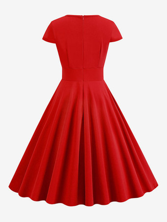 ヴィンテージドレス　1950年代オードリーヘップバーン風　ジュエルネック　カットアウト　半袖　二次会　お呼ばれ　発表会　ミディアムスイングドレス