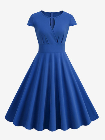 ヴィンテージドレス　1950年代オードリーヘップバーン風　ジュエルネック　カットアウト　半袖　二次会　お呼ばれ　発表会　ミディアムスイングドレス