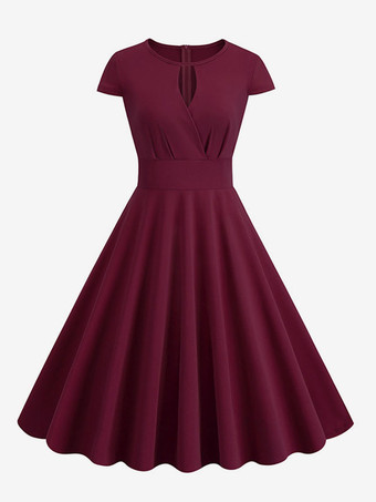 ワインレッド ヴィンテージドレス　1950年代オードリーヘップバーン風　ジュエルネック　カットアウト　半袖　二次会　お呼ばれ　発表会　ミディアムスイングドレス