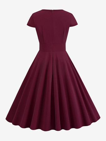 ヴィンテージドレス　1950年代オードリーヘップバーン風　ジュエルネック　カットアウト　半袖　二次会　お呼ばれ　発表会　ミディアムスイングドレス